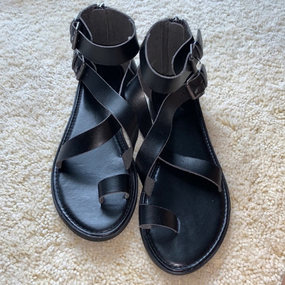 Black Faux Leather Strappy Ankle Buckle Sandals